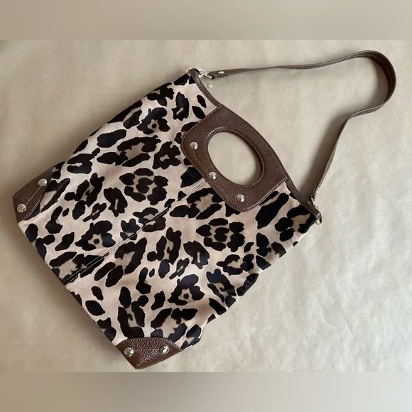 Henri Bendel Leopard Fold Over Clutch Tote Handbag RARE